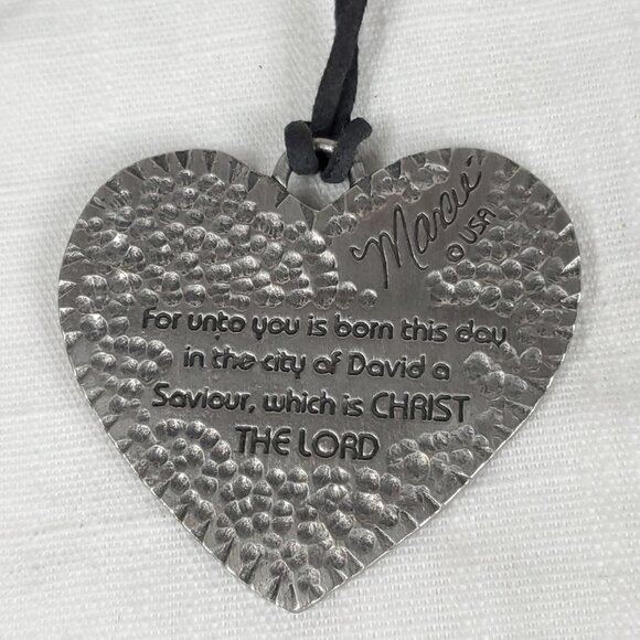 Vintage Marcie USA Pewter Christ is Born Large Heart Pendant Necklace - Picture 6 of 12